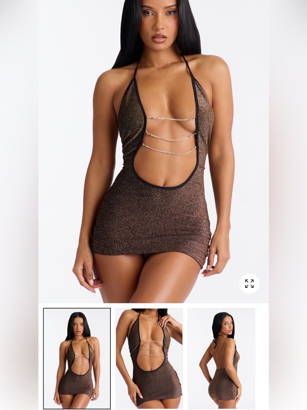 🔥Shimmer Halter Chain Mini Dress in Bronze